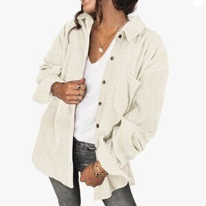 Beige Buttoned Corduroy Shirt Jacket